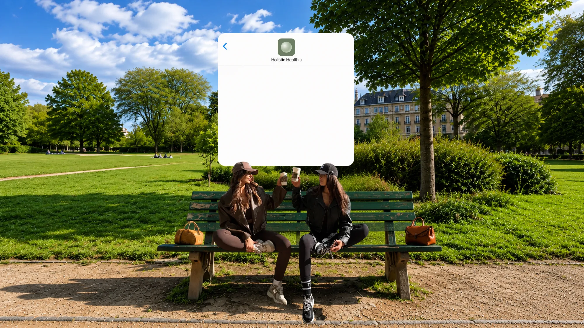 Two friends with coffee on a park bench, a Holistic Health conversation floating above them