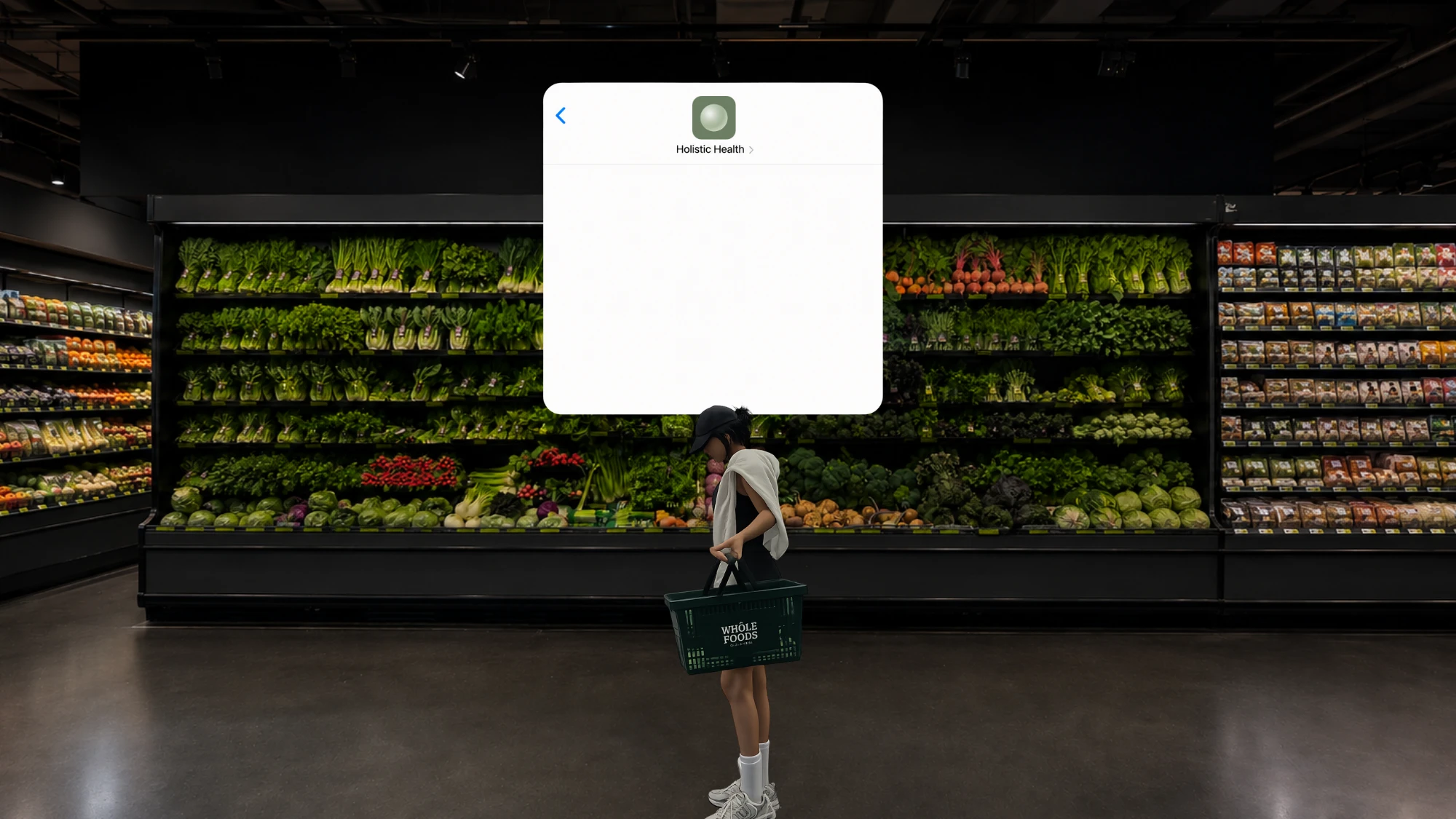 A shopper in a produce aisle, a Holistic Health conversation floating above her