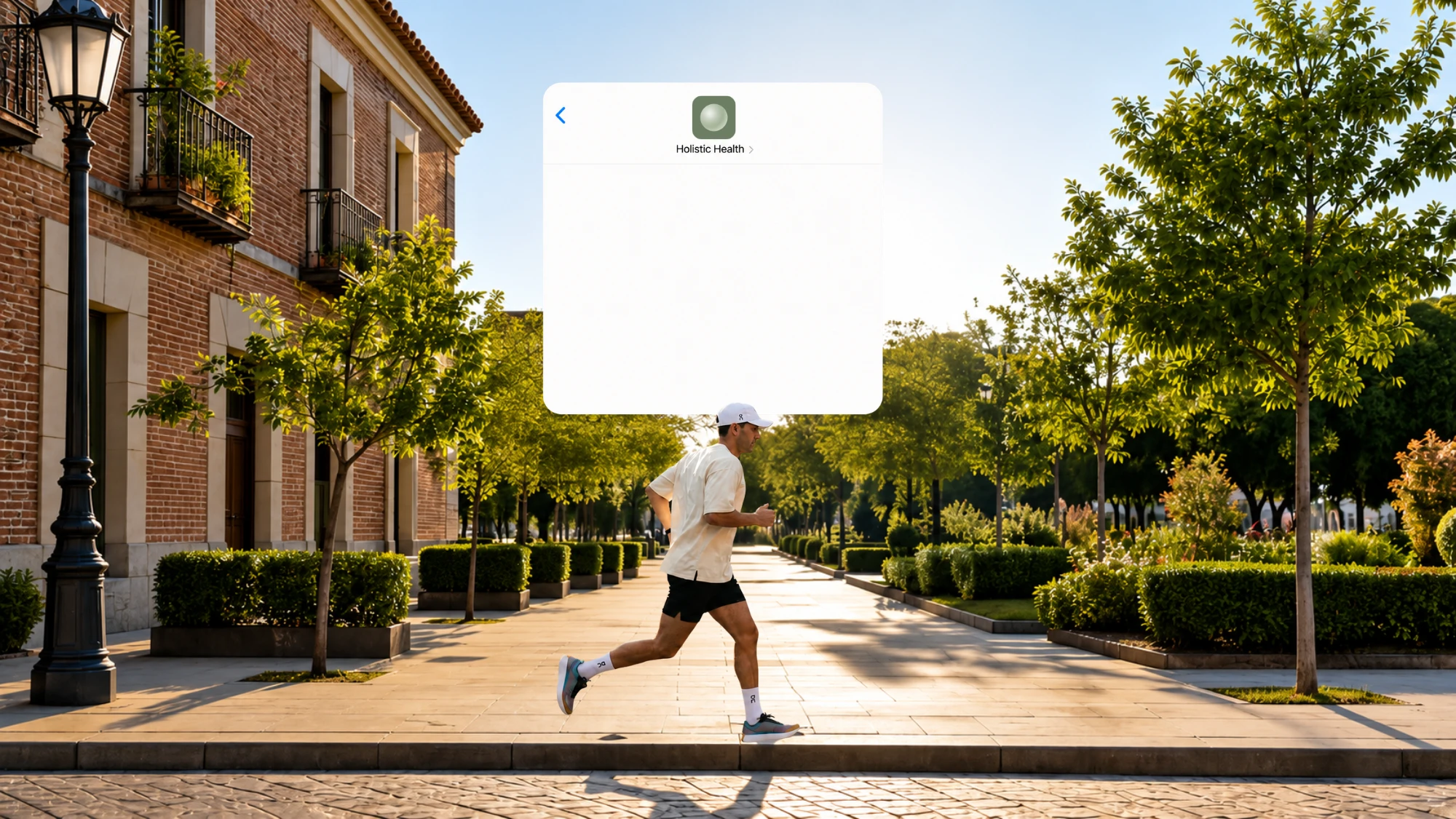 A man running through a sunny plaza, a Holistic Health conversation floating above him